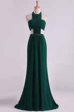 Load image into Gallery viewer, 2024 Sexy Open Back Prom Dresses Scoop Chiffon With Ruffles And Beads