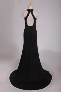 2023 Sexy Open Back Prom Dresses Halter  Sheath Spandex With Slit