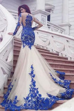 Load image into Gallery viewer, Mermaid Royal Blue Scoop Appliques Tulle Prom Dresses Long Evening SRS20464