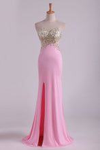 Load image into Gallery viewer, 2024 Hot Sexy Prom Dresses Sheath With Slit And Applique Sweep Train Spandex