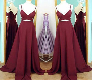 Two Piece Straps Long Prom Dress Evening Dress Spaghetti Straps Wine Red Prom Dresses RS159