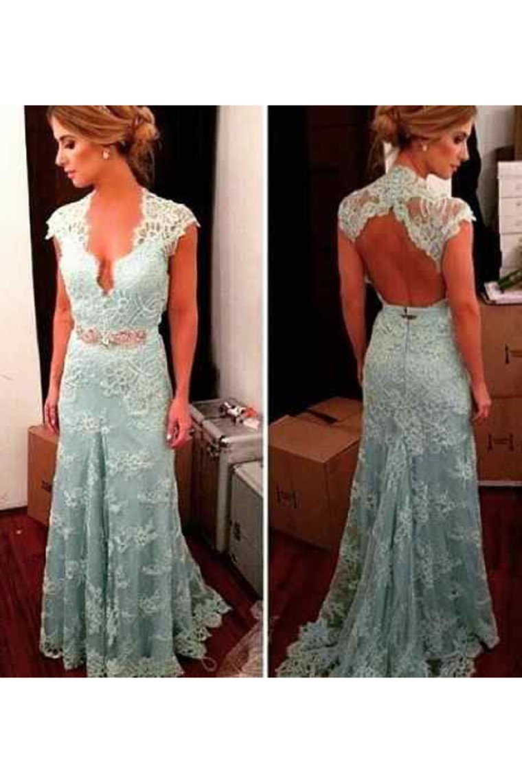 2024 Sexy Open Back V Neck Lace Prom Dresses Mermaid Sweep Train