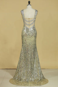2024 Straps Prom Dresses Sheath With Beads Sequins Floor Length
