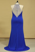Load image into Gallery viewer, 2023 Dark Royal Blue Prom Dresses Sheath Scoop With Beading Sweep Train