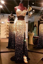 Load image into Gallery viewer, Sparkly Gold And Black 2 Pieces Beading Sheath Evening Dresses Prom Dresses