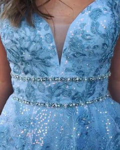 Elegant A Line Lace Appliques Blue V Neck Prom Dresses, Long Evening SRS15635