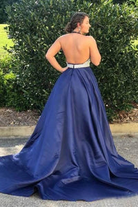 2024 Prom Dress Halter Satin With Beads&Sequins Open Back Court Train
