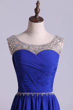 Load image into Gallery viewer, 2024 Scoop Prom Dresses A Line Pleated Bodice Chiffon With Beads Dark Royal Blue
