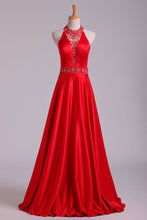 Load image into Gallery viewer, 2024 Open Back A Line Halter Satin Prom Dresses With Beading Floor Length