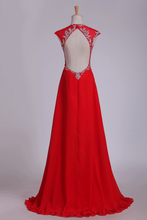 Load image into Gallery viewer, 2024 Prom Dress V Neck Open Back Chiffon With Beading Sweep Train