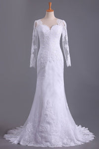 2024 Long Sleeves V Neck Open Back Wedding Dresses Tulle With Applique Sheath