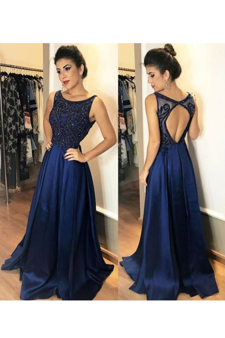 2024 Sexy Open Back Scoop Prom Dresses A Line Satin Sweep Train