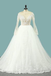 2023 Wedding Dresses Scoop Long Sleeves Tulle With Applique Court Train
