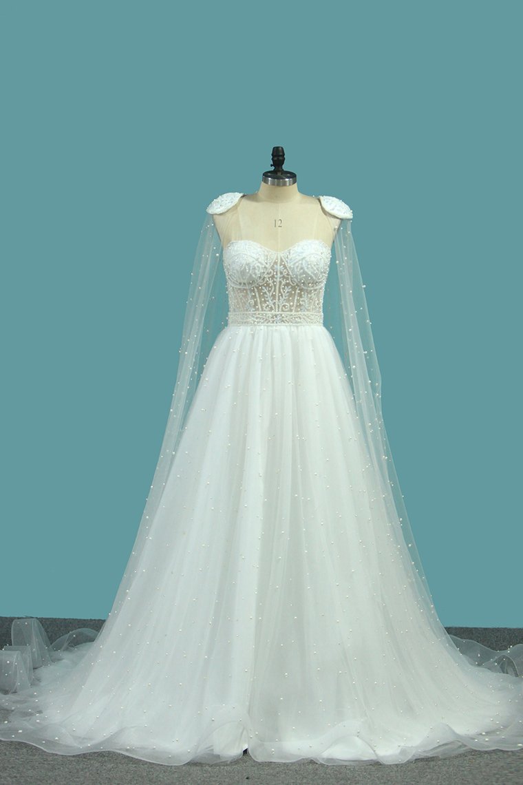 2024 Sweetheart Wedding Dresses A Line Tulle With Beads Sweep Train