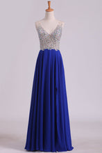 Load image into Gallery viewer, 2024 V Neck Beaded Bodice A Line Prom Dresses Chiffon With Slit Sweep Train