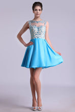 Load image into Gallery viewer, 2024 Bateau A Line Homecoming Dresses Satin With Beads Mini
