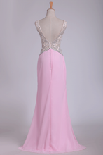 Load image into Gallery viewer, 2024 V Neck Open Back Sheath Prom Dresses Chiffon With Beads And Slit