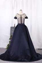 Load image into Gallery viewer, 2024 A Line Prom Dresses Scoop Short Sleeves Satin With Beading