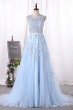 Load image into Gallery viewer, 2024 Scoop A Line Prom Dresses Tulle With Applique Sweep Train