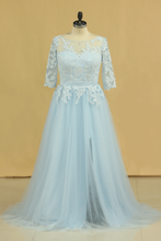 Load image into Gallery viewer, 2024 Mother Of The Bride Dresses A Line Bateau Tulle With Applique And Sash Sweep Train Plus Size Light Sky Blue