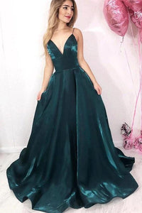 Long Green Spaghetti Straps V Neck Satin Prom Dresses, Evening Party SRS15650