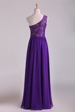 Load image into Gallery viewer, 2024 One Shoulder Pleated Bodice Lace Back A Line Evening Dress Full Length Chiffon