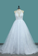 Load image into Gallery viewer, 2023 Tulle &amp; Lace Wedding Dresses Scoop A Line With Applique Sweep Train