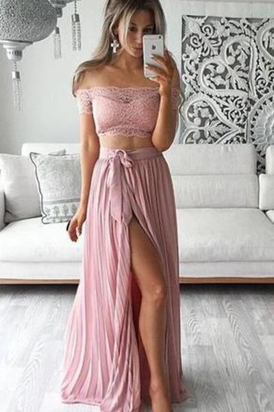 Two Piece Lace Top Off the Shoulder Short Sleeves Thigh-High Slit Sexy Evening Dresses RS84