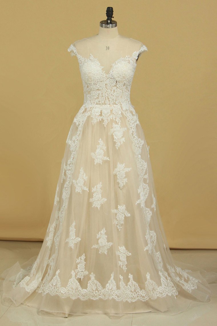 2024 Court Train Scoop A Line Wedding Dresses Tulle With Applique