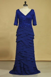 2024 Dark Royal Blue Mother Of The Bride Dresses Chiffon V Neck With 3/4 Length Sleeves