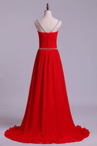 2023 Scoop Prom Dresses A Line Chiffon With Beads And Ruffles