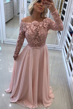 Load image into Gallery viewer, 2024 Boat Neck Long Sleeves Prom Dresses A Line Chiffon With Applique And Beads