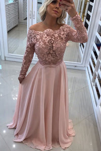 2024 Boat Neck Long Sleeves Prom Dresses A Line Chiffon With Applique And Beads