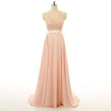 Load image into Gallery viewer, Peach Lace Backless Sexy Cheap V-Neck Halter Sleeveless A-Line Open Back Prom Dresses RS33