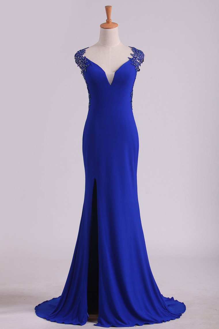 2024 Prom Dresses Sheath Straps Spandex With Applique Open Back