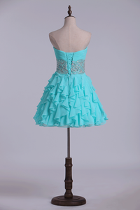 2024 Homecoming Dress A Line Mini With Tiered Chiffon Skirt Beaded