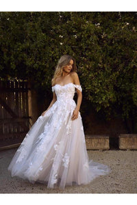 Simple A-Line Off The Shoulder White Beach Wedding Dresses