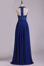 Load image into Gallery viewer, 2024 Chiffon V Neck A Line With Applique And Beads Prom Dresses Open Back