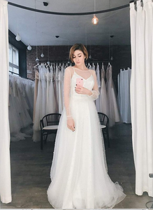 A-Line/Princess Tulle Beading Scoop Long Sleeves Sweep/Brush Train Wedding Dresses