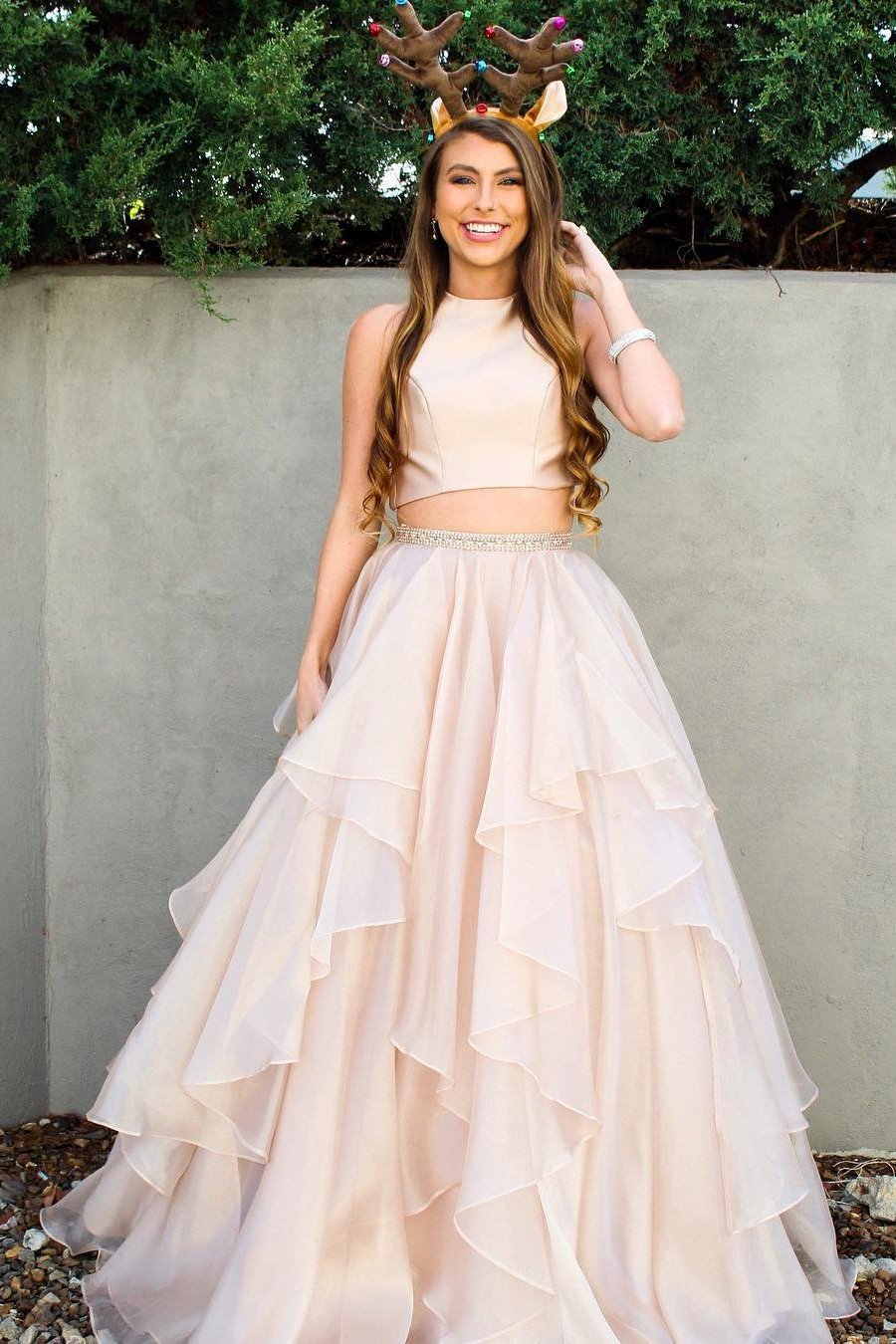 Two Piece A-line High Neck Beads Organza Long Sparkly Chic Evening Prom Dresses RS474