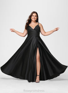 Prom Dresses V-neck A-Line Savanah With Floor-Length Satin Ruffle
