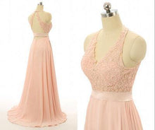 Load image into Gallery viewer, Peach Lace Backless Sexy Cheap V-Neck Halter Sleeveless A-Line Open Back Prom Dresses RS33