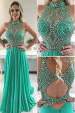 Load image into Gallery viewer, 2024 High Neck Open Back Beaded Bodice Chiffon Prom Dresses A Line