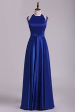 Load image into Gallery viewer, 2024 Scoop Prom Dresses A Line Open Back Stretch Satin With Slit Floor Length