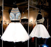 Load image into Gallery viewer, White Tulle Two Piece Beads Open Back Halter Homecoming Dress