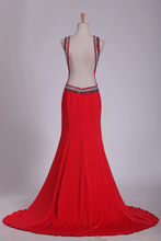 Load image into Gallery viewer, 2024 Prom Dresses Sheath Scoop Spandex With Beading Open Back Sweep Train
