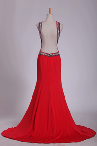 2024 Prom Dresses Sheath Scoop Spandex With Beading Open Back Sweep Train