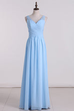 Load image into Gallery viewer, 2024 A Line V Neck Chiffon &amp; Lace Bridesmaid Dresses Floor Length