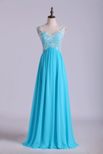 Load image into Gallery viewer, 2024 Low Back Straps A Line Chiffon Prom Dress With Lace Bodice