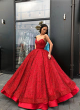Load image into Gallery viewer, Sparkly Ball Gown Burgundy Strapless Sweetheart Prom Dresses, Long Quinceanera Dresses SRS15428